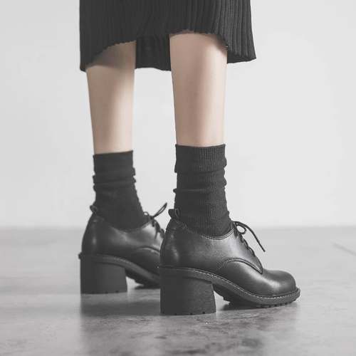 极速香港英伦风小皮鞋女2023年春季新款黑色N系带粗跟单鞋女高跟