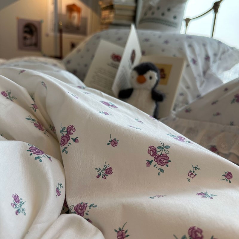 极速ins紫色田园l床裙款雪纺小碎花床上用品四件套全棉韩式1.5m1.