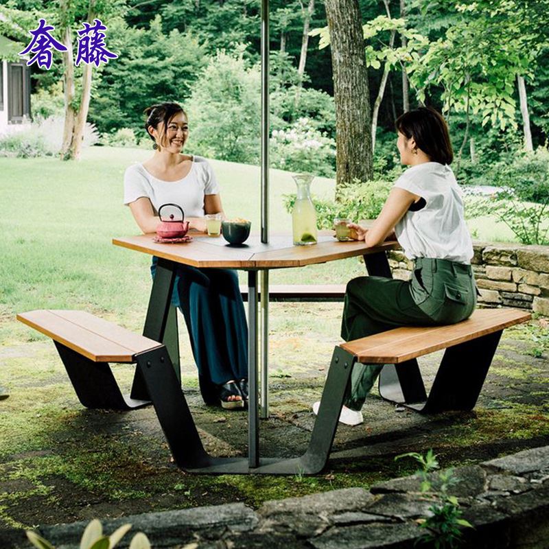 极速户外食堂实木桌椅室外花园公共场所柚木桌椅带伞连.身公园餐