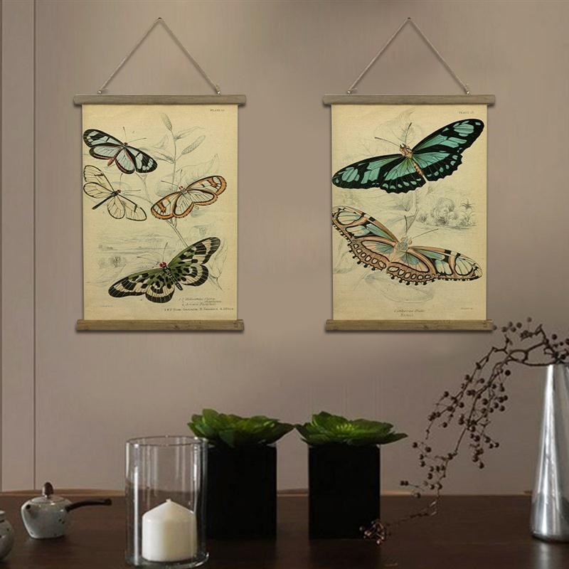 速发客厅装饰画蝴蝶印花布艺卷轴画实木挂轴玄关墙面装饰挂画帆布图片