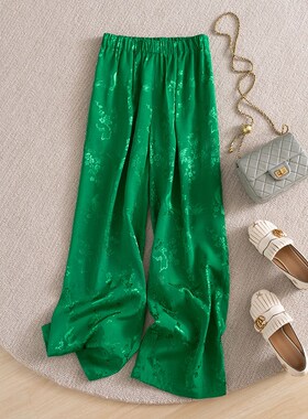 速发新提式醋酸中花国风裤春子季高腰垂顺绿色阔腿裤休闲直筒裤