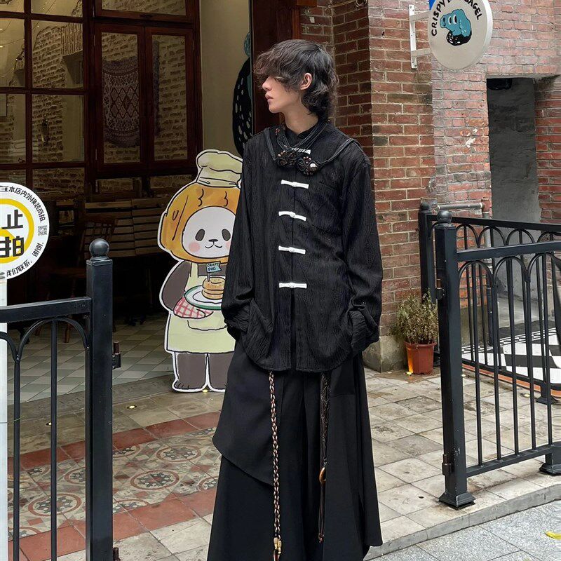 新中式男装d中国风裤子男山本耀司武士裙裤秋季薄款直筒阔腿八分