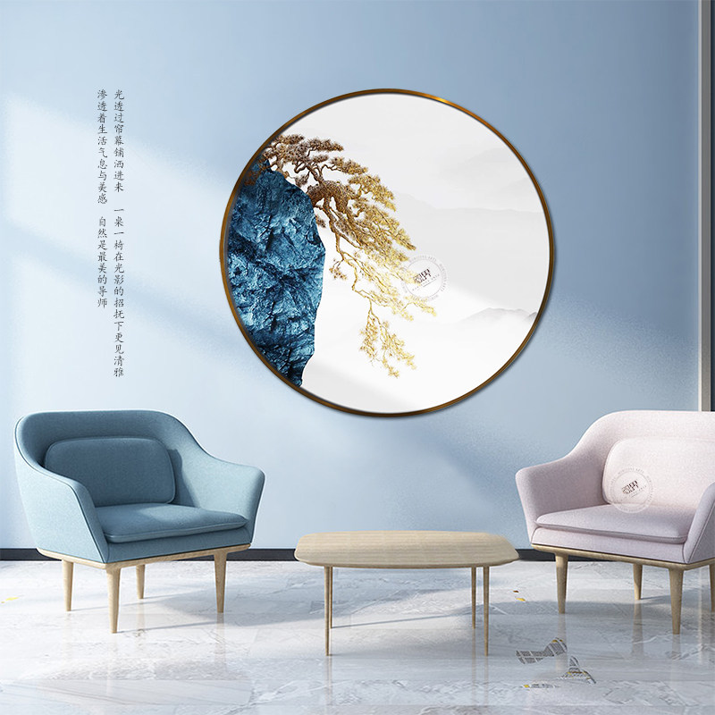 热销现代新中式圆框定制手绘玄关B装饰画油画布立体迎客松金箔立