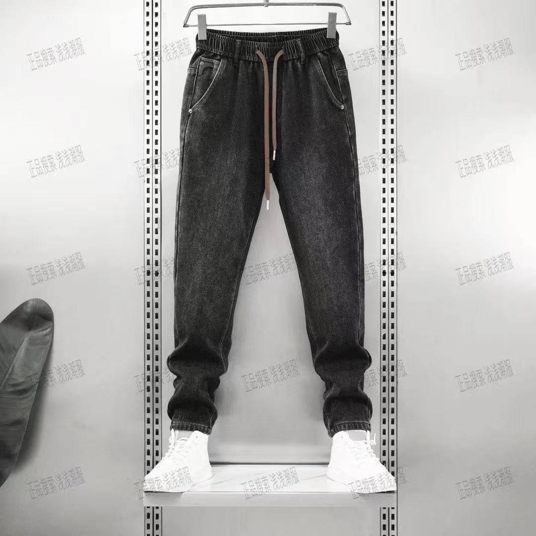 直播款-秋冬新款加绒牛仔裤美式休闲潮流百搭显瘦松紧腰抽绳男裤