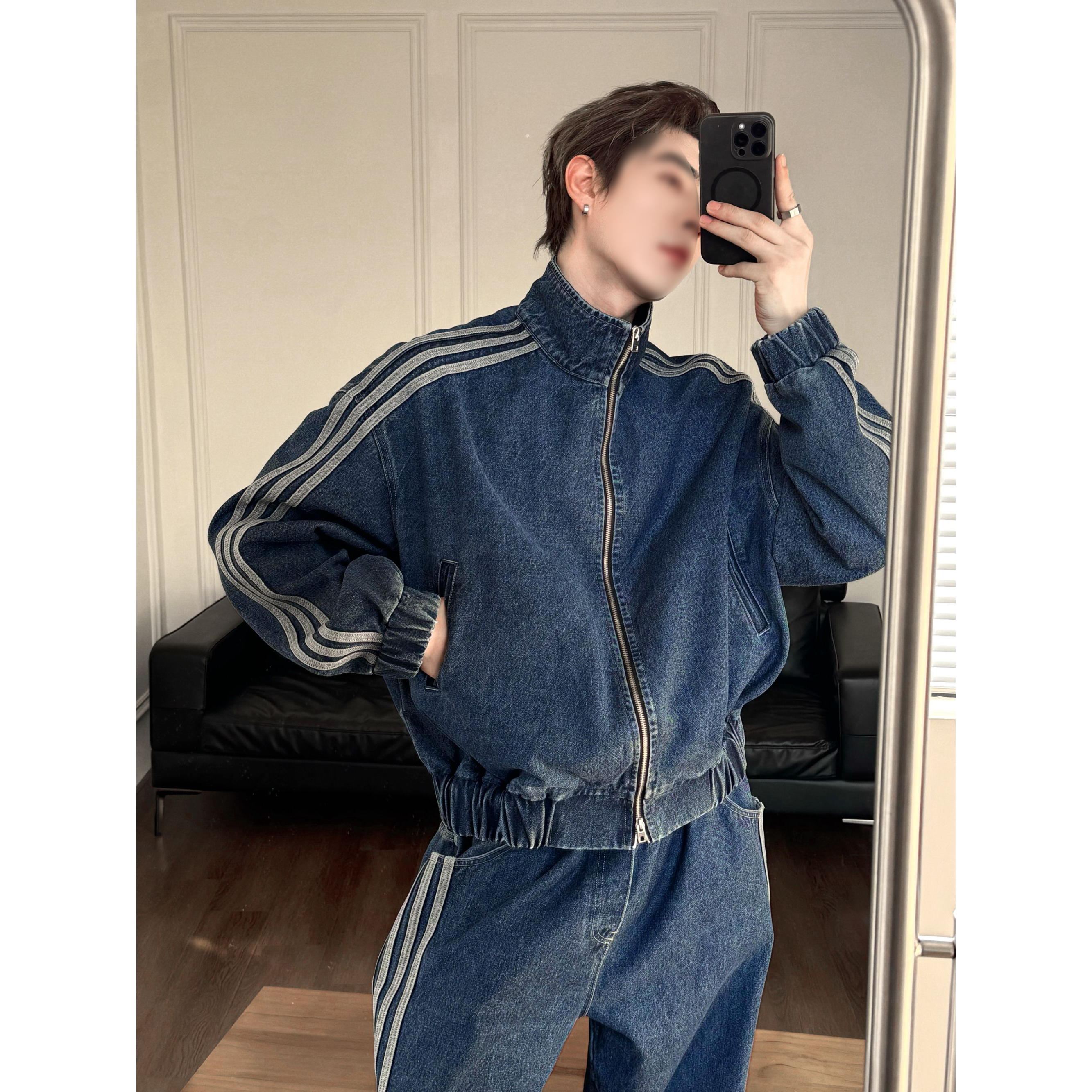 直播款-辰皇后秋冬立领长袖加厚三条杠牛仔夹克外套休闲裤套装