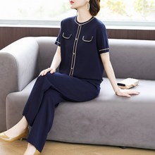 速发妈妈夏装2025新款洋气运动套装中老年人女装阔太太真丝上衣两