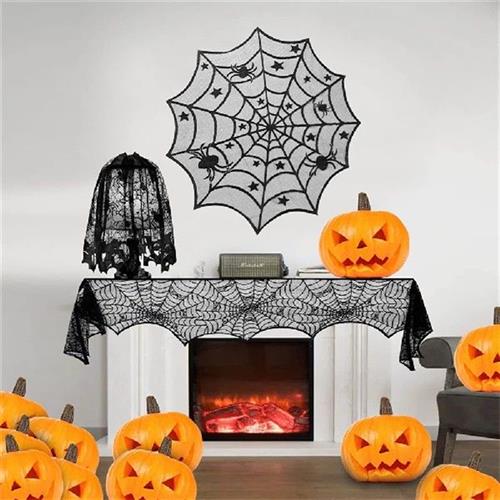 速发Halloween Bat Table Runner Black Spider Web Lace Tablecl