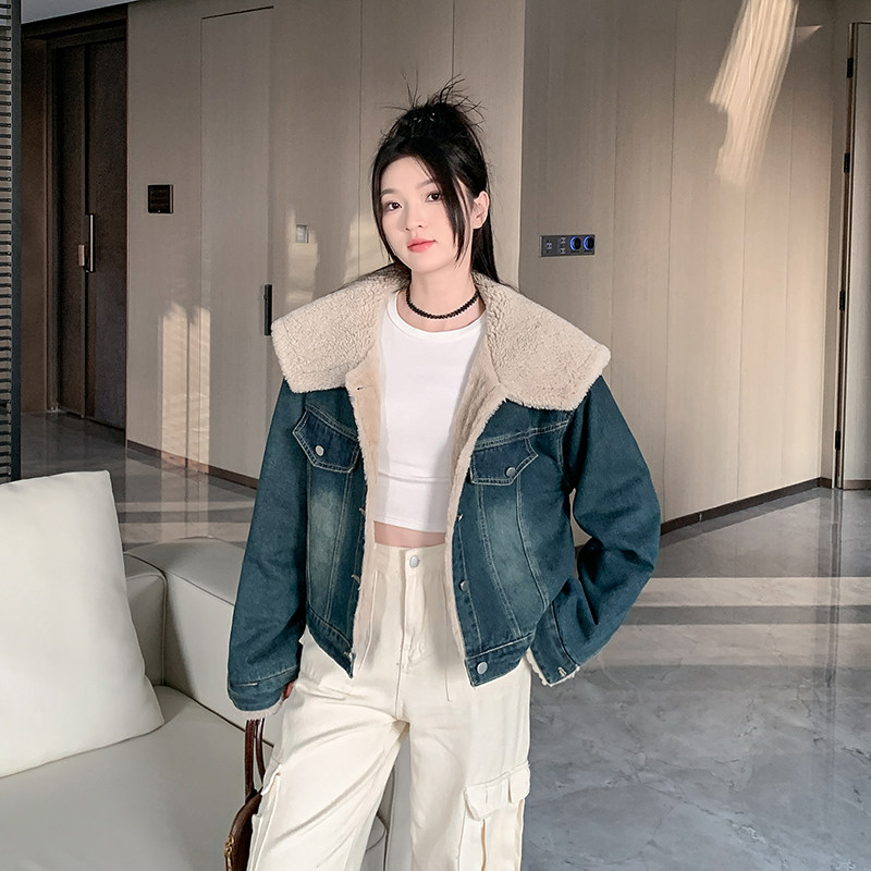 加绒加厚牛仔大翻领短外套女