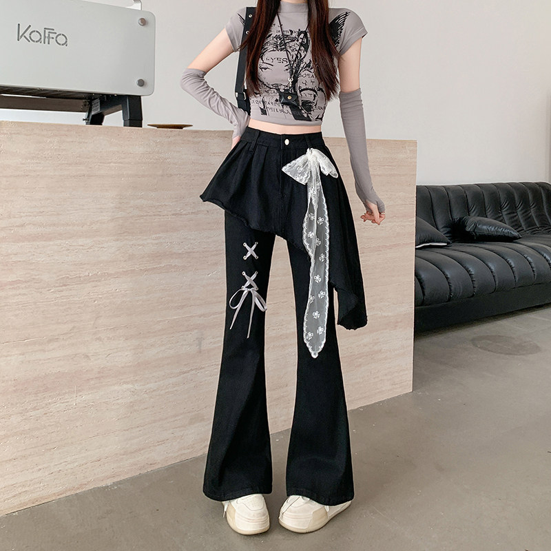 美式设计感蕾丝腰带假两件裙裤女2025秋季新款破洞毛边微喇牛仔裤,女装/女士精品,牛仔裤,淘宝优惠券,粉丝福利购,淘宝优惠卷