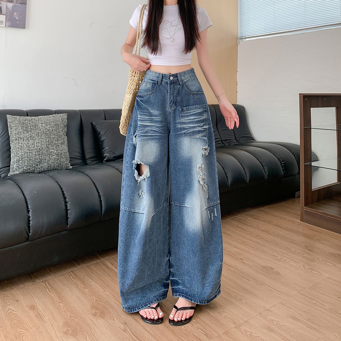 夏季美式复古破洞阔腿牛仔裤女