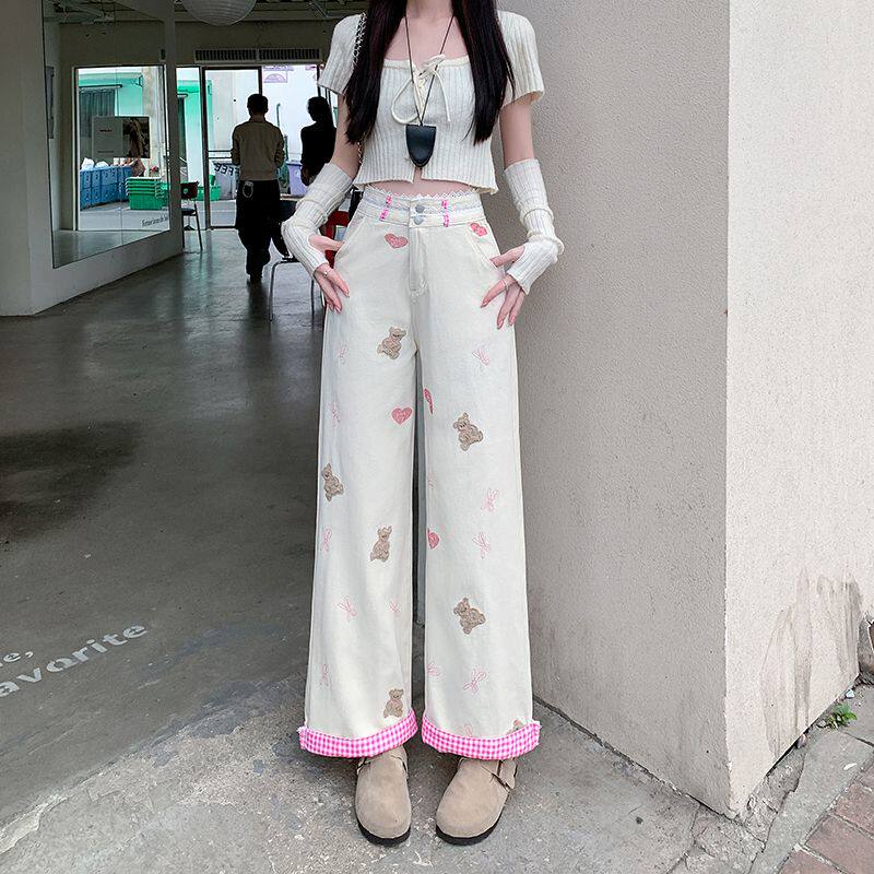 美式撞色小熊刺绣直筒牛仔裤女