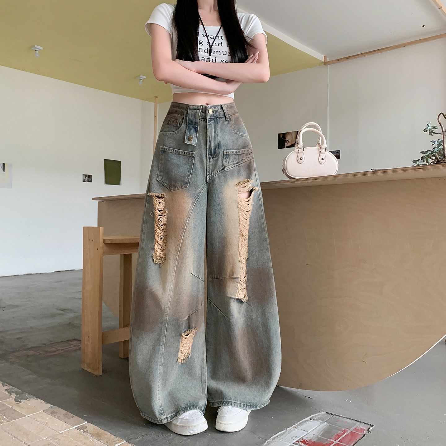 秋新破洞废土风显瘦阔腿牛仔裤女