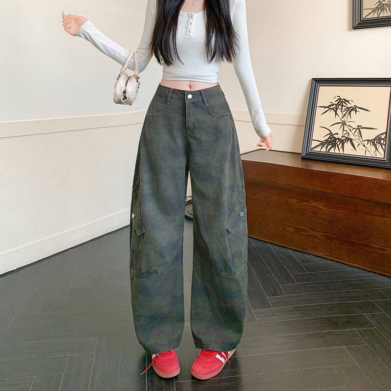 复古迷彩显瘦工装阔腿牛仔裤女