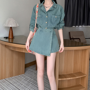 法式复古牛仔套装女2026春季宽松不规则外套高腰a字半身裙两件套