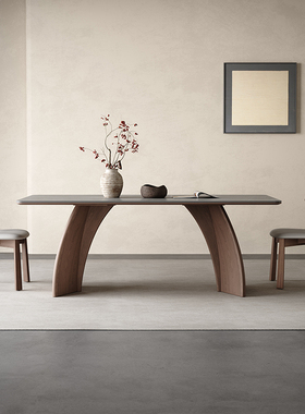 7K实木岩板餐桌现代简约胡桃色饭桌家用意式极简灰色长方形岩板餐
