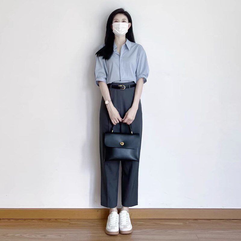 新品夏装轻c熟穿搭一整套女2025新款蓝色半袖衬衫西装裤子休闲两