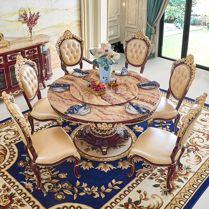 极速欧式餐桌椅组合m大理石圆桌带转盘美式全实木雕花别墅家用圆