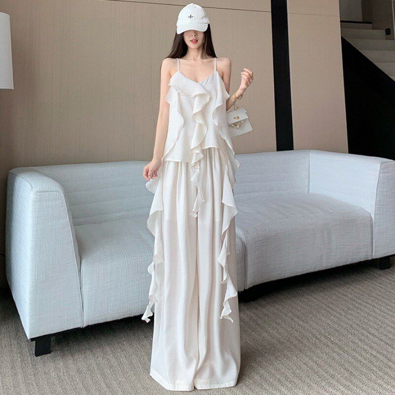 新品时尚减龄荷叶边吊带背心女夏A穿搭一整套阔腿裤休闲两件套202