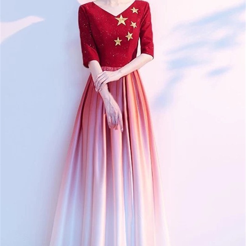 极速大合唱团g演出服女长裙红歌比赛服装红色爱国朗诵指挥主持人