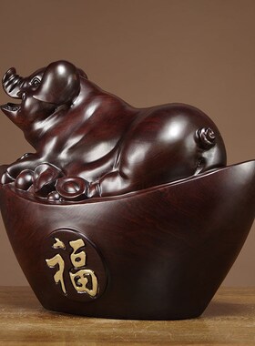 极速黑檀木雕福猪摆件实木动物十二生肖猪K家居客厅饰品开业送礼