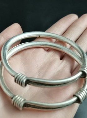 极速藏银镯子一对民族风镯子手工苗银素J面推拉实心手镯复古做旧