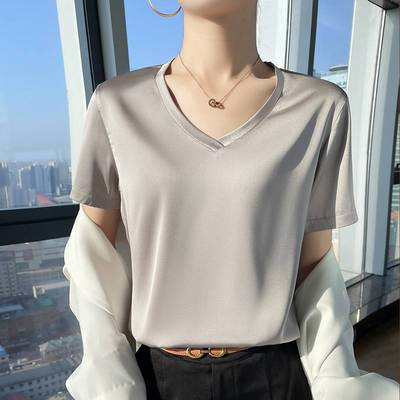 极速Womens satin V-neck t-shirt WomensK thin acetic acid s