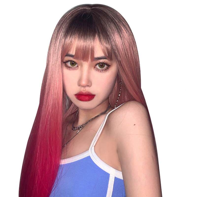 极速l自假发女长发全头网红挑y染渐变色粉色气玫红主播长直发空然