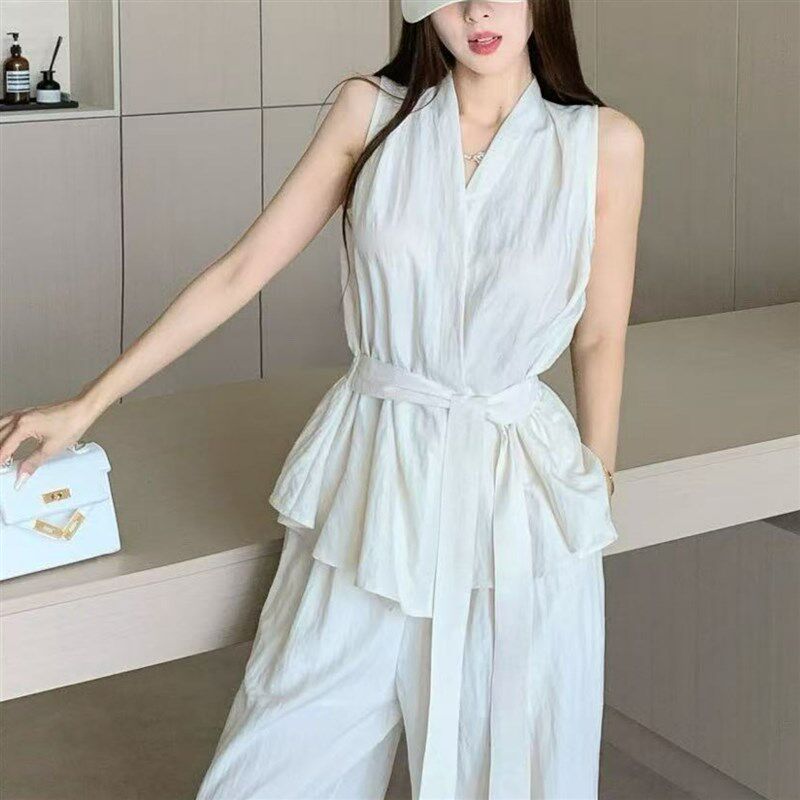 新品2025初夏搭配一整套时尚无袖绑带H收腰上衣高腰阔腿裤休闲两