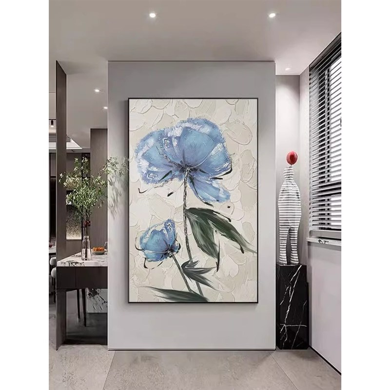 现代轻奢墙玄关h装饰画楼梯蓝色花卉客厅走廊背景墙过道壁晶瓷挂图片