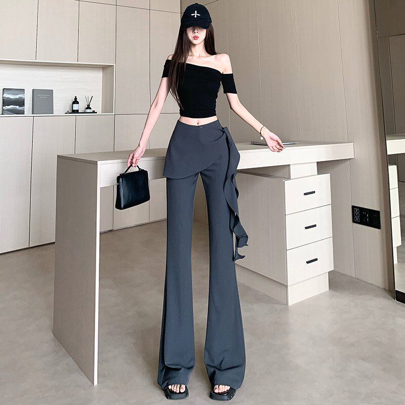 新品灰色微喇西装裤女夏季设计感假两F件拼接高腰裙裤垂感休闲拖