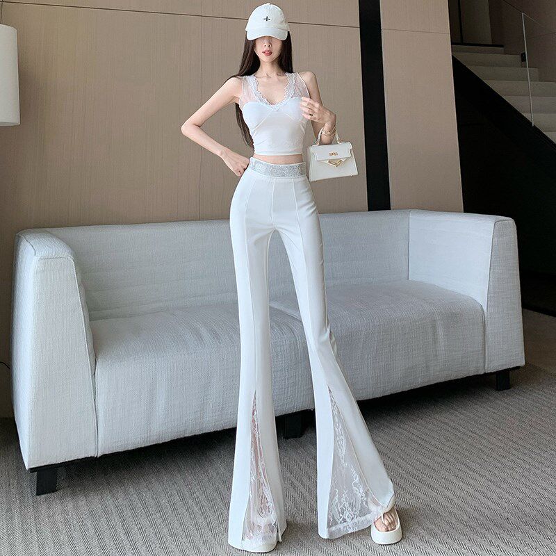 新品白色镶钻微喇西装裤女夏季薄款设计感蕾丝O拼接高腰裤垂感拖