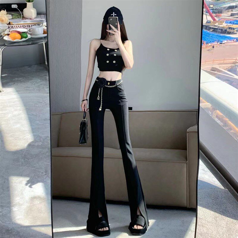 新品黑色微喇西装裤女夏t季薄款国风立体花朵高腰裤垂感开叉拖地