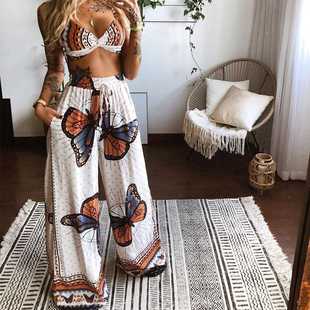 极速Twopiece hSuit Underwear Loose Wide Leg Pants Print Boho