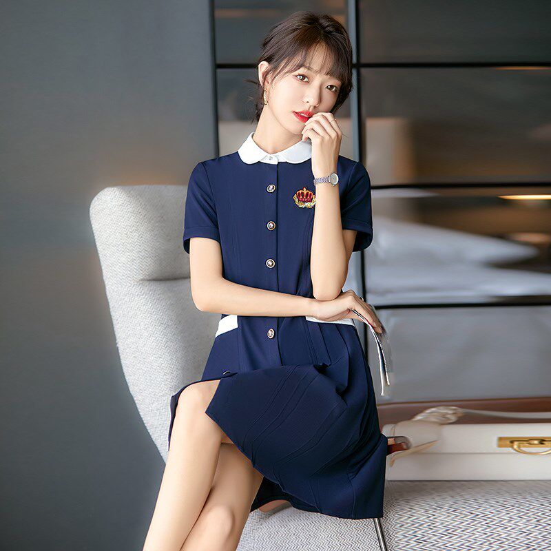 新品夏季娃娃领幼儿园教师园服工C作服老师短袖连衣裙女幼师端庄