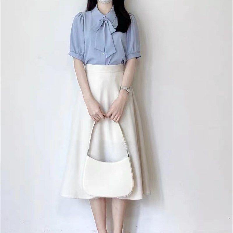 新品夏装搭配一整套蝴蝶结短袖衬衫教资面试大学S生公务员穿搭职