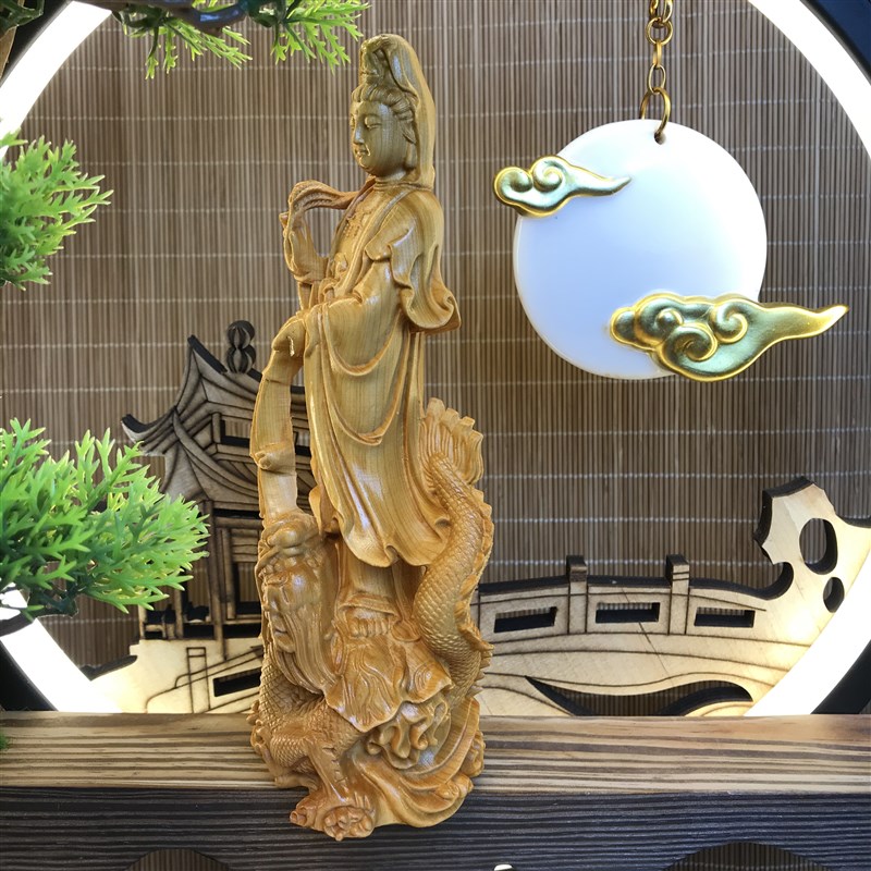 极速崖柏木雕御龙o观音菩萨摆件实木雕刻高18cm