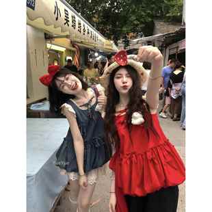 【乖ALITLE T乱糟糟MYQ】“扮选手樱桃蝴蝶结牛仔蓬蓬”裙套装