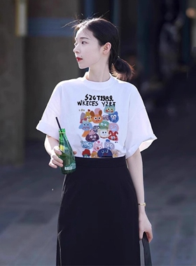 白色正肩短袖T恤女2025新款夏季薄款减龄印花宽松圆领体恤上衣潮