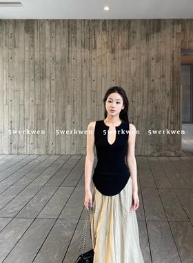 5werkwen rattan V领针织背心女夏季设计感小众修身黑色体恤上衣