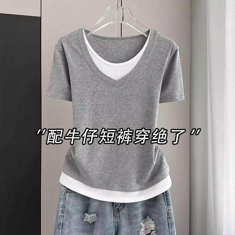 假两件V领短袖T恤女装夏季2025新款撞色拼接宽松百搭正肩体恤上衣