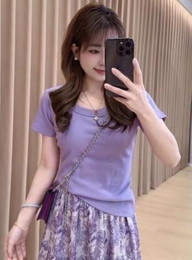 法式紫色圆领短袖t恤女2025初夏穿搭修身显瘦小个子气质正肩上衣