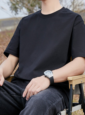 重磅纯棉T恤男短袖夏季潮牌宽松大码精梳棉体恤男士休闲黑色上衣