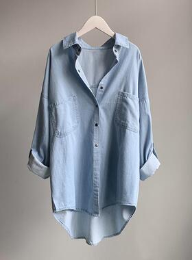潮牌中长款牛仔衬衫女2025年春秋新款宽松牛仔蓝休闲长袖上衣外套