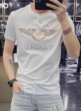 潮牌丝光棉短袖T恤男士2025新款夏季欧洲站烫钻痞帅休闲上衣男款