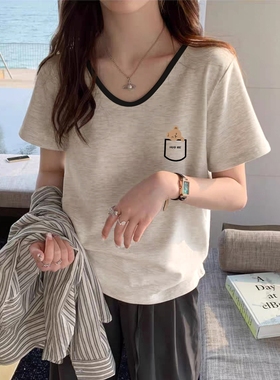 米灰色撞色内搭2025夏季新款纯棉V领短袖t恤女美式复古百搭上衣潮