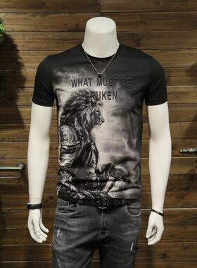 潮牌1212夏季新款狮子刺绣印花男士短袖T恤圆领修身半袖打底衫