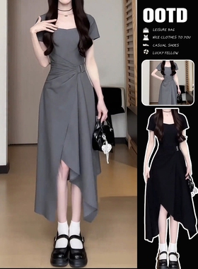 灰色连衣裙子女夏季2025新款今年流行爆款独特漂亮掐腰长裙小个子