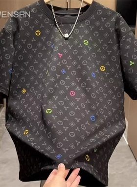 潮牌满印短袖t恤男士2025新款夏季痞帅高级感宽松半袖体恤衫男款