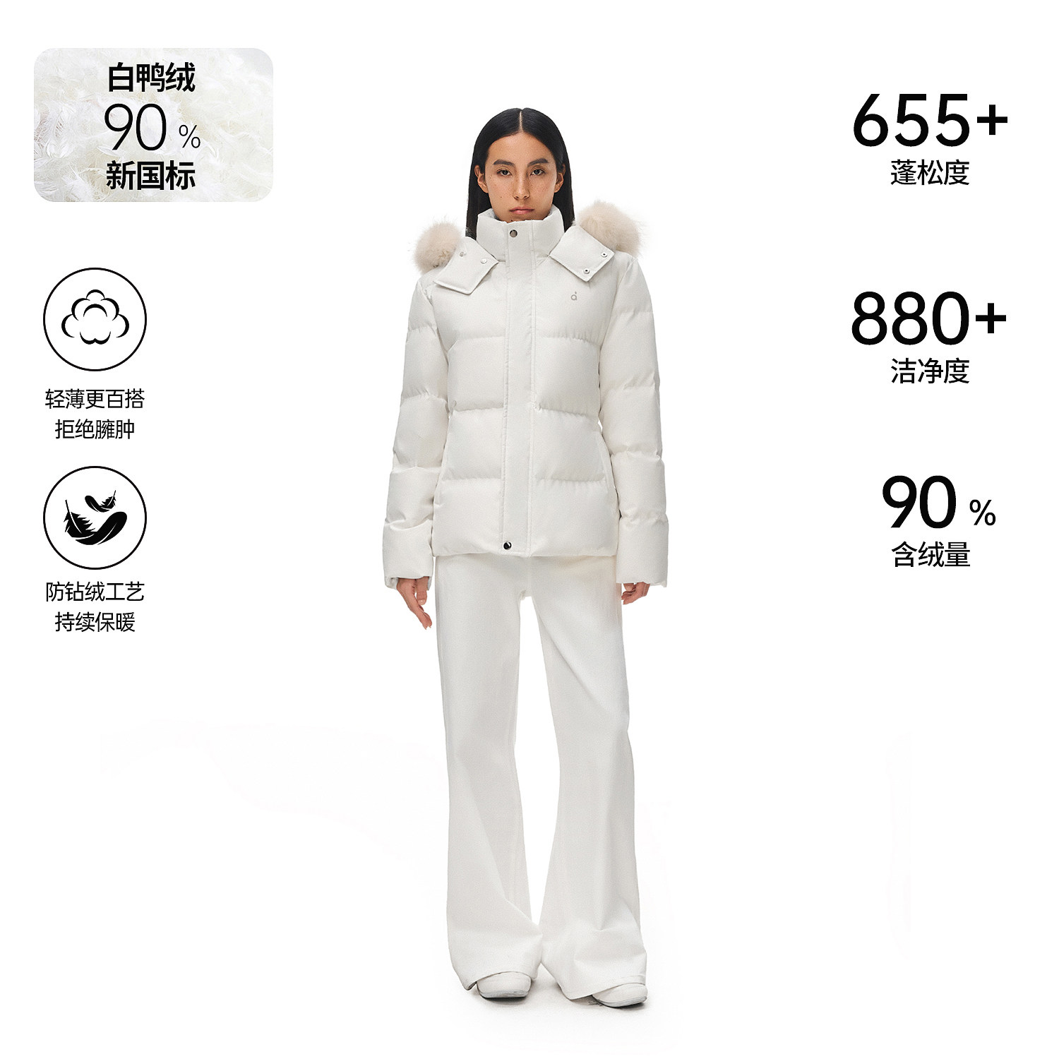 FDR旗舰2025新款修身貉子毛领外套收腰菲奥娜白色羽绒服冬季女款