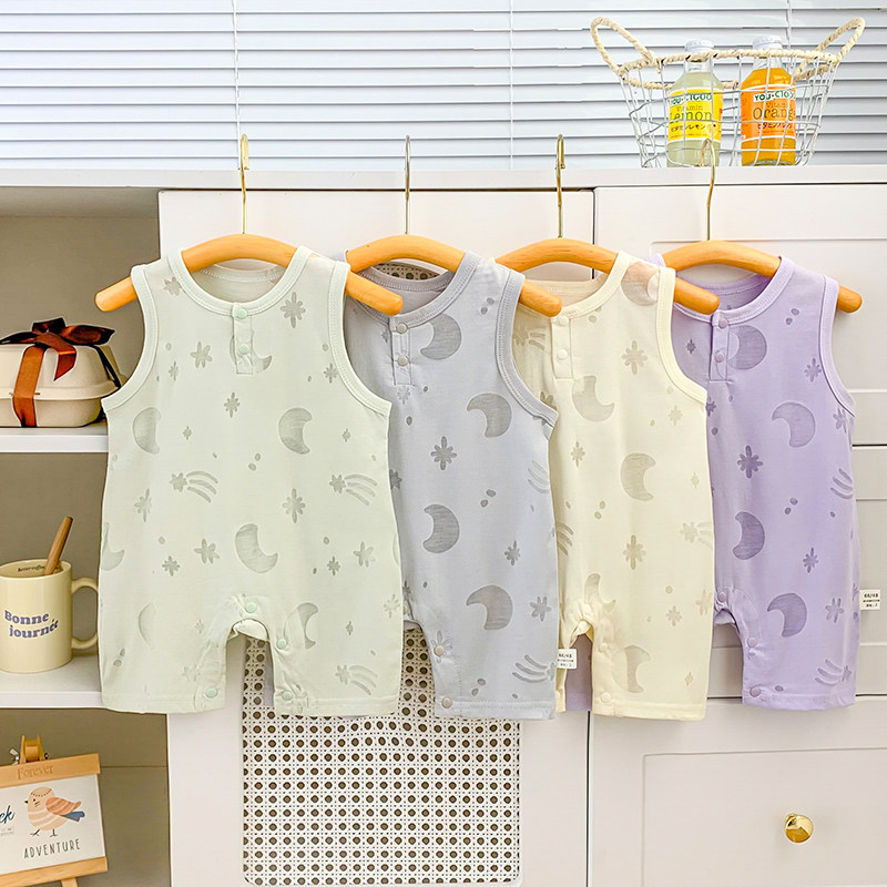 婧麒婴儿背心连体衣夏季薄款男女宝宝镂空图案爬服2026新款无袖衣